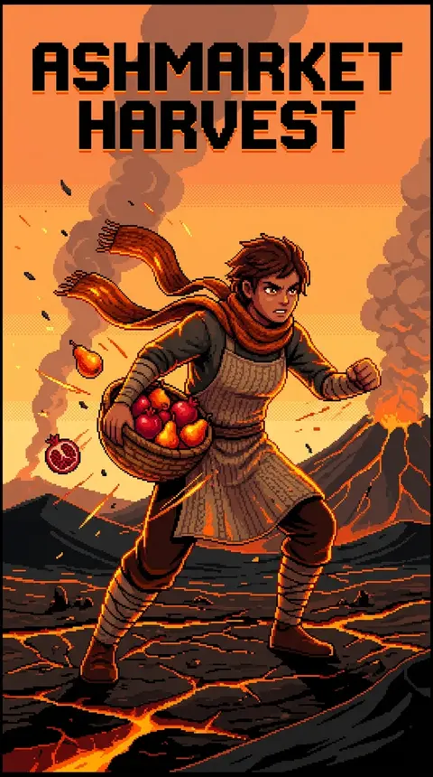 9:16 vertical poster, a battle-ready market fruit vendor bracing on a cracked vo - AI生成图片 2