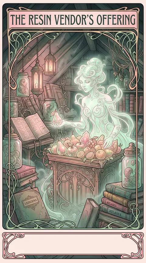 An eerie art nouveau poster of a translucent resin market fruit vendor rising fr - AI生成图片 1