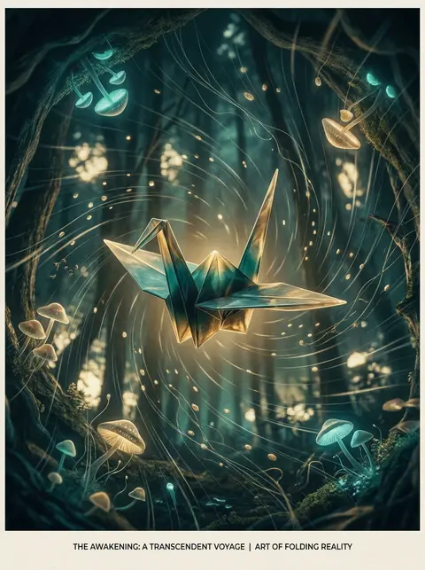 一只苏醒的折纸纸鹤以半透明树脂质感悬停在画面中央，成为静谧能量的核心，深青色与古董金为主调；幽暗发光的夜之森林向它缓缓弯折，荧光菌伞、漂浮孢子、细长藤脉与薄雾光 - AI生成图片 1