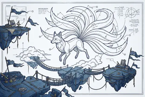 A melancholic blueprint schematic of a mythical nine-tailed fox spirit on floati - AI生成图片 1