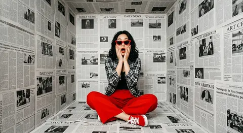 一张超写实、时尚 editorial 风格的人像摄影：一位年轻东亚女性坐在一个狭小封闭的“报纸房间”中央，地面、四面墙壁和天花板全部被密密麻麻的英文报纸整齐贴满 - AI生成图片 2