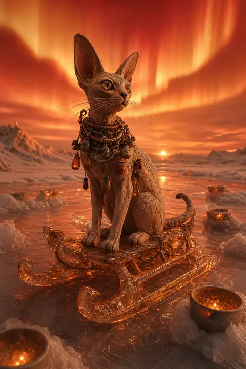 A solitary tea-house cat with elongated ears and glassy whiskers stands atop a w - AI生成图片 1