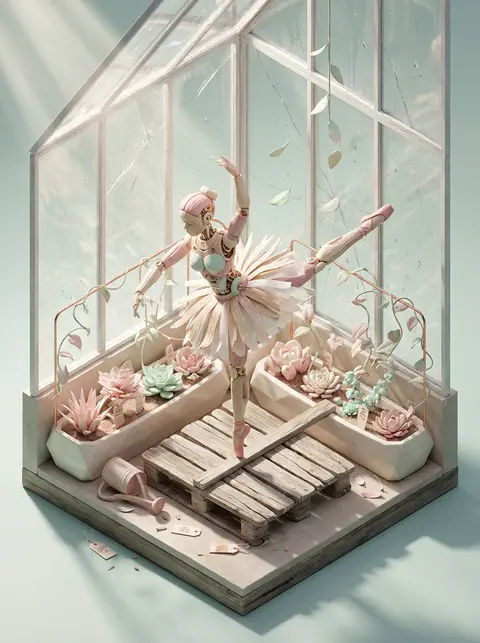isometric miniature scene inside a sun-drenched glass conservatory, tense cinema - AI生成图片 1