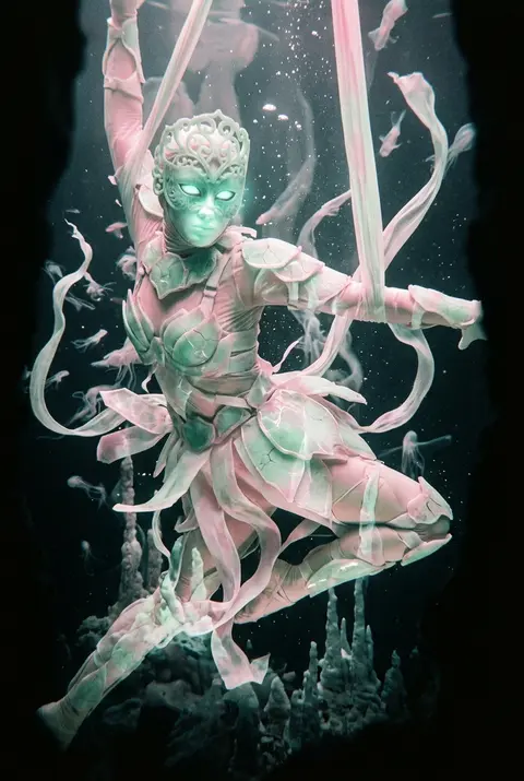 A masked carnival acrobat drifts alone in a lightless ocean trench, suspended mi - AI生成图片 3