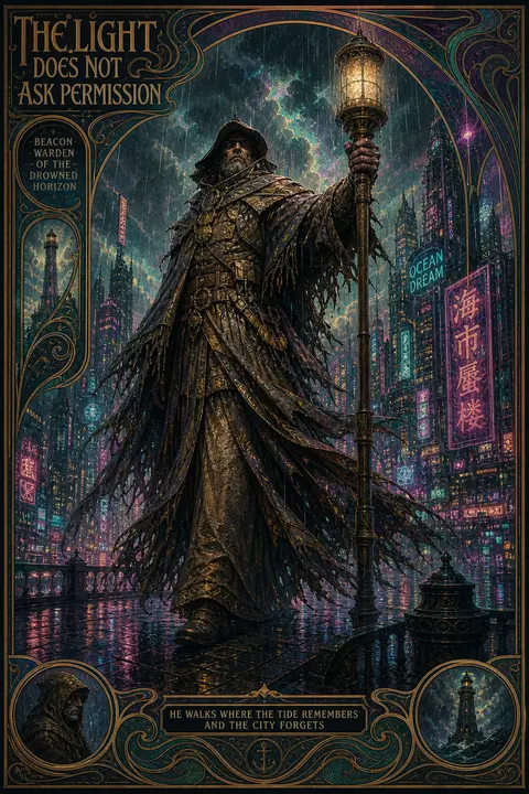 Towering lighthouse keeper rendered as a mythic urban sentinel in an art nouveau - AI生成图片 2