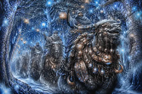 Charcoal sketch of a jubilant desert nomad caravan winding through a bioluminesc - AI生成图片 1