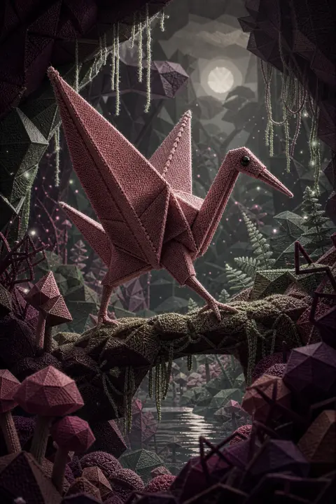 an origami paper crane come alive, poised mid-step on a mossy root bridge inside - AI生成图片 1