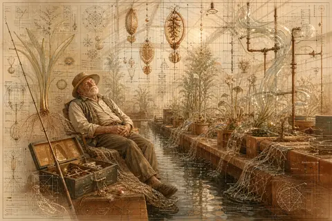 an elderly fisherman dozing beside a narrow irrigation channel inside a sun-dren - AI生成图片 3