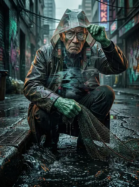 An elderly fisherman crouched in a rain-soaked back alley beside overflowing sto - AI生成图片 1