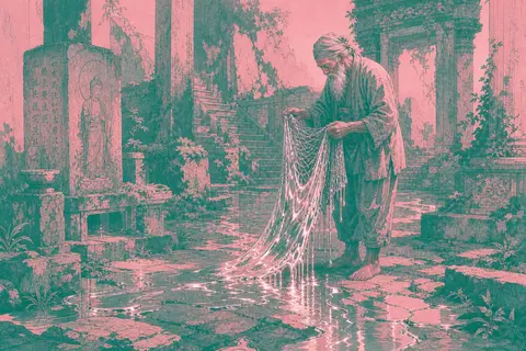 An intimate, quiet risograph two-tone poster in pastel candy pink and mint: an e - AI生成图片 1
