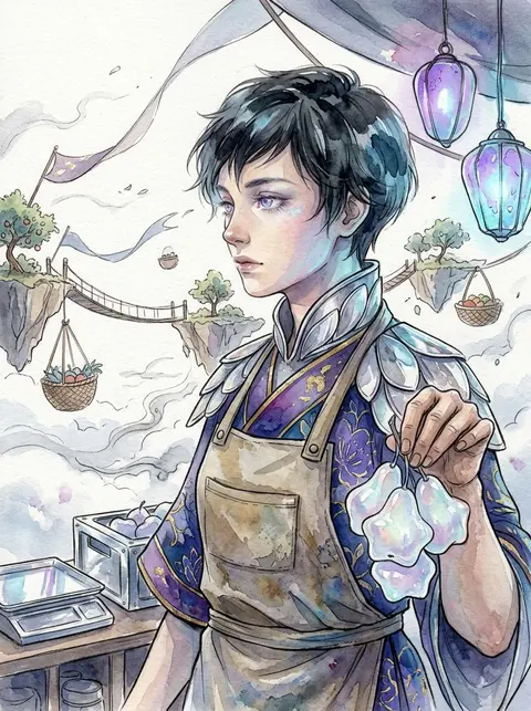 storybook watercolor illustration of a hush-filled fruit stall keeper on a suspe - AI生成图片 2