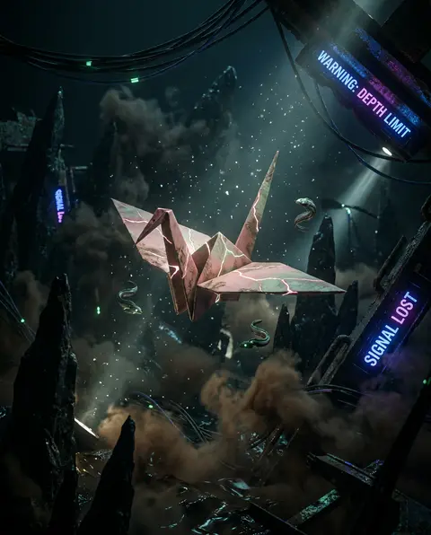 A tense cinematic cyberpunk neon illustration of a living origami paper crane dr - AI生成图片 3