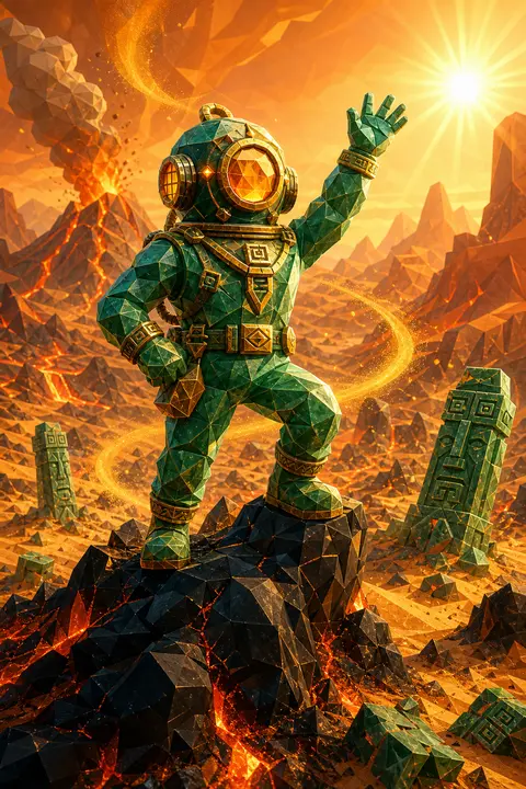 Radiant low-poly 3D scene of a jubilant deep-sea diver standing triumphantly ato - AI生成图片 3