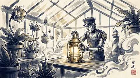A whimsical lighthouse keeper in polished chrome tending a lantern bench inside - AI生成图片 2