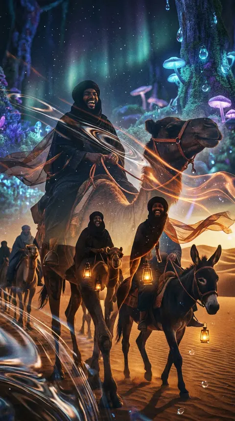 A joyful desert nomad caravan gliding through a bioluminescent night forest, ren - AI生成图片 2