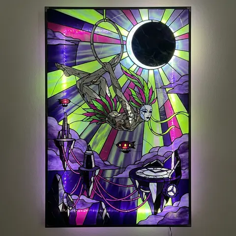 Mysterious stained-glass mosaic tableau of a masked carnival acrobat suspended a - AI生成图片 1