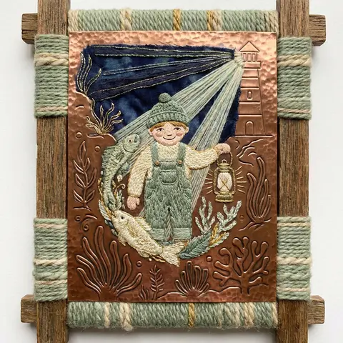 A joyful lighthouse keeper in an underwater abyss, reimagined as embroidered tex - AI生成图片 1
