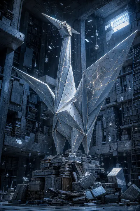 A towering animate origami crane, full-body and center-framed, posed like a sove - AI生成图片 2