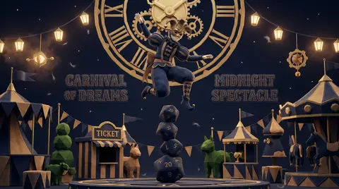A masked carnival acrobat balances on a towering stack of soft felt dice beneath - AI生成图片 4