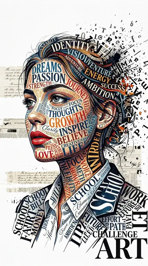 A striking typographic portrait of a young woman with a thoughtful three-quarter - AI生成图片 2