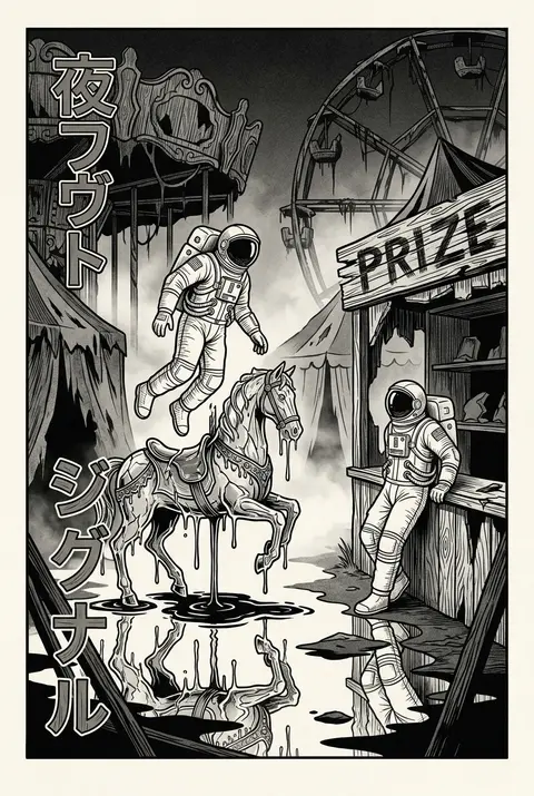Twin astronaut explorers drifting through a midnight carnival of rusted rides an - AI生成图片 1