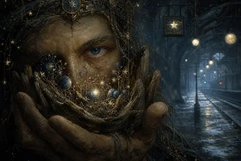 Close-up portrait of a celestial gardener on a deserted subway platform, face ha - AI生成图片 2