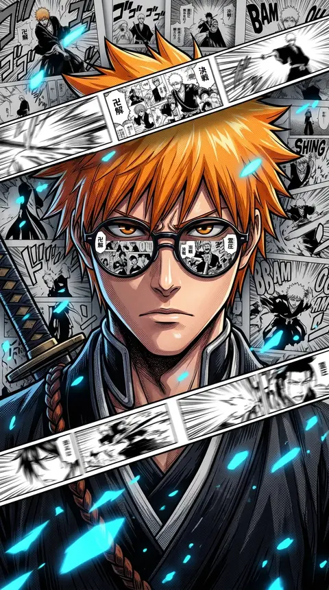 超高细节二次元热血漫画风角色海报，少年死神角色正面半身特写，橙色炸毛短发，琥珀色眼睛，佩戴黑色圆框复古墨镜，冷峻严肃表情，正中央对称构图，镜头直视观众，强烈压迫 - AI生成图片 2