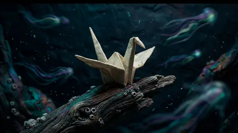 A haunted claymation tableau deep in a lightless ocean trench: a sentient origam - AI生成图片 3