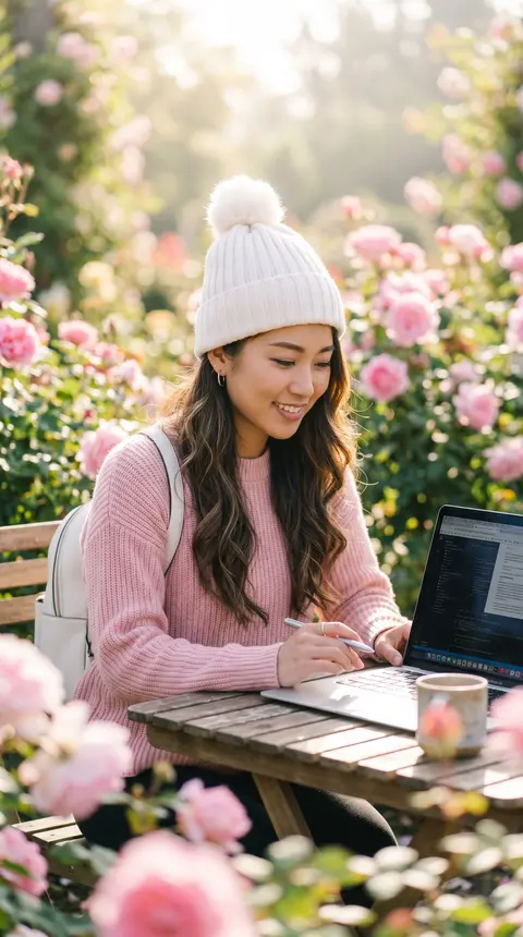 A vivid photograph of a young East Asian woman working outdoors, captured from a - AI生成图片 1