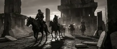 ancient moss-covered temple ruins, tense caravan crossing a shattered basalt cou - AI生成图片 2