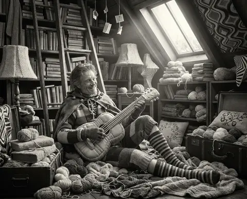 A jubilant vaporwave editorial scene inside a sun-drenched attic library packed - AI生成图片 2
