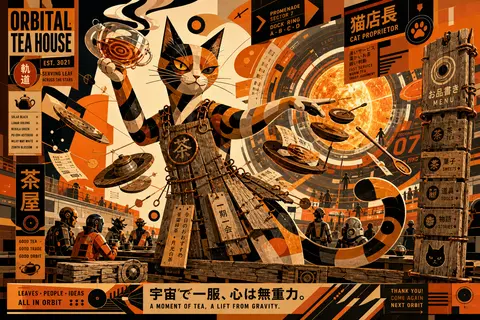 A wildly dynamic Bauhaus geometric poster of a tea-house cat commanding a bustli - AI生成图片 2