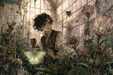 A curious young clockwork inventor with ink-stained fingertips stands ankle-deep - AI生成图片 1