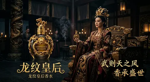 武则天同款皇后香水广告，龙纹金瓶，暗黑宫廷氛围感大片 - AI生成图片 2