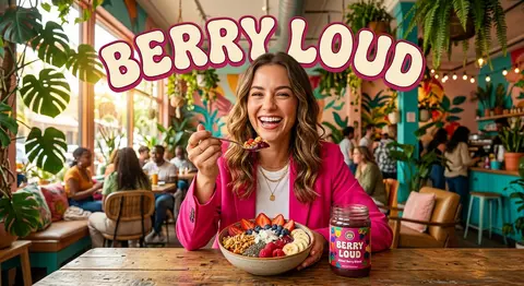 Vibrant lifestyle food advertisement, smiling woman in a bright hot pink blazer - AI生成图片 1