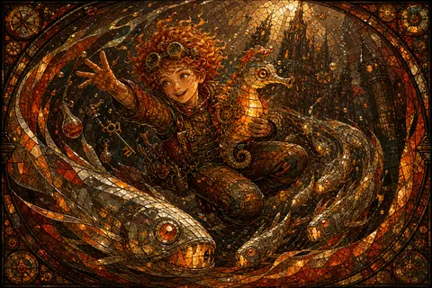 A playful, whimsical stained-glass mosaic scene deep in a colossal underwater ab - AI生成图片 1