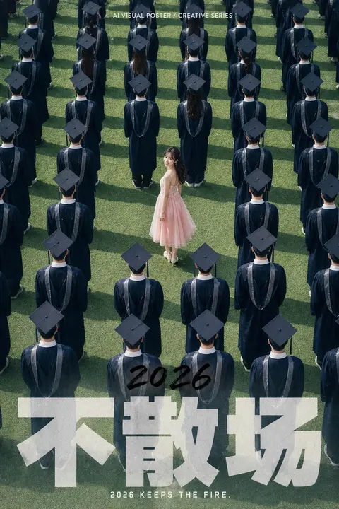 竖版 3:4 成品概念海报，高角度俯视构图，整片绿色操场上密集排列着大量重复出现的毕业生队列，所有人身穿统一的藏青色学士服与学士帽，面朝同一方向，站姿整齐克制， - AI生成图片 2