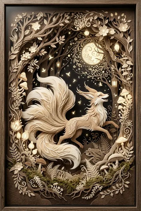 A jubilant nine-tailed fox spirit with sweeping, layered tails leaps through a g - AI生成图片 4