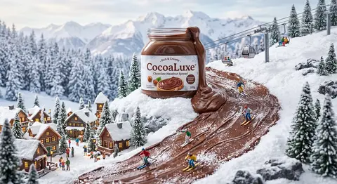 cinematic miniature winter world built around a giant `CocoaLuxe` jar, thick cho - AI生成图片 3