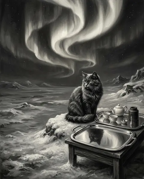 A hushed still life of a tea-house cat poised beside two gleaming polished-chrom - AI生成图片 3