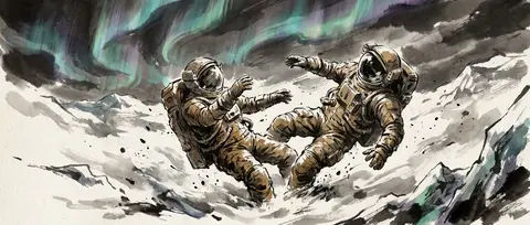 Twin astronaut explorers striding through a frozen tundra beneath rippling auror - AI生成图片 3