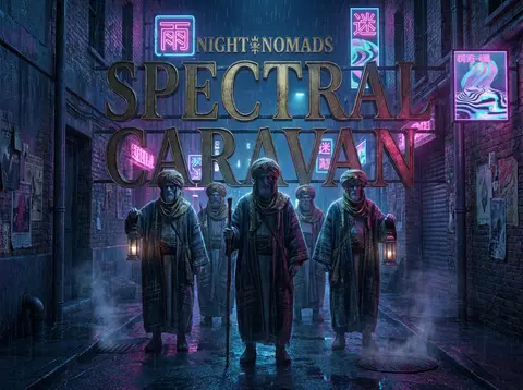 A spectral desert caravan pauses in a rain-lashed service alley at midnight, fro - AI生成图片 4