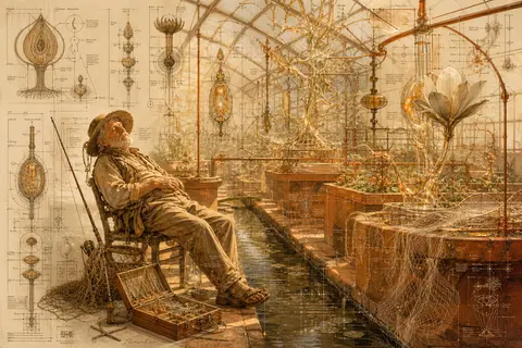 an elderly fisherman dozing beside a narrow irrigation channel inside a sun-dren - AI生成图片 1