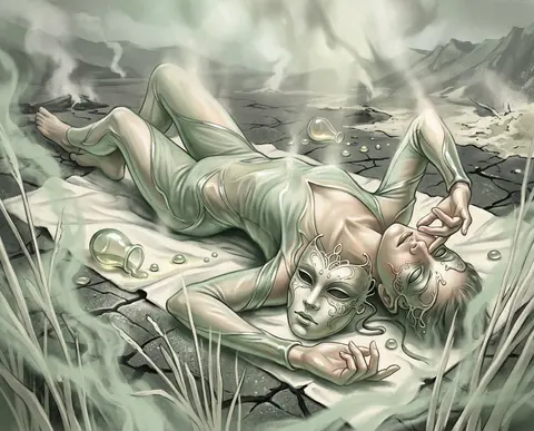 A masked carnival acrobat sprawled diagonally across a fractured volcanic plain, - AI生成图片 2