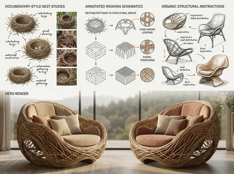 Conceptual design presentation exploring how avian nest-building methods evolve - AI生成图片 2