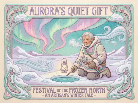 Art nouveau poster, intimate and quiet scene on a frozen tundra beneath sweeping - AI生成图片 1