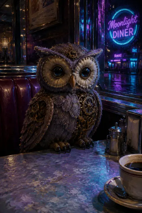 A solitary clockwork owl in soft felt perched inside a chrome-and-vinyl 1950s di - AI生成图片 2