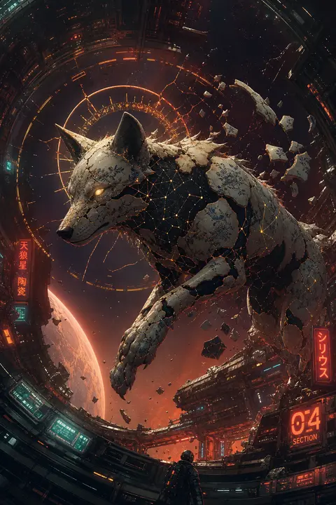 constellation wolf drifting through an orbital space station, cyberpunk neon ill - AI生成图片 2