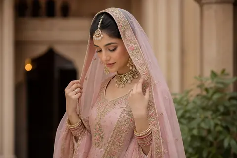 Veil AdjustmentBody: 45° angle.Hands: Dono haath se dupatta halka sa adjust kart - AI生成图片 2