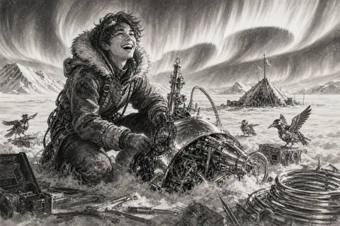 A radiant young inventor in a wind-cut polar expanse, laughing as they kneel bes - AI生成图片 1